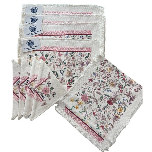 NEW with Tags Vintage Stevens Linen Placemats Napkins Runner Flowers Made in USA - Picture 9 of 9